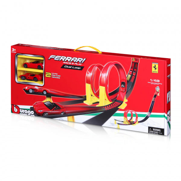 Bburago 18-31216 - Ferrari Race & Play: Dual Loop inkl. 2 Fahrzeugen und Tragebox, 1:43 - Modellauto