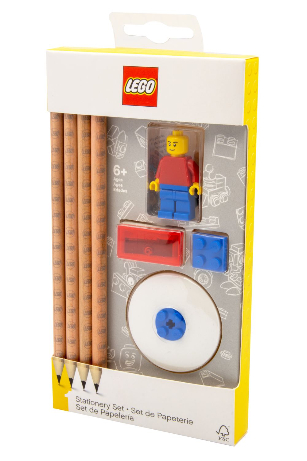 LEGO® Schreibwarenset - 4 Bleistifte, 1 Bleistiftspitzer, 1 Radiergummi, 1 Topper, 1 Legofigur